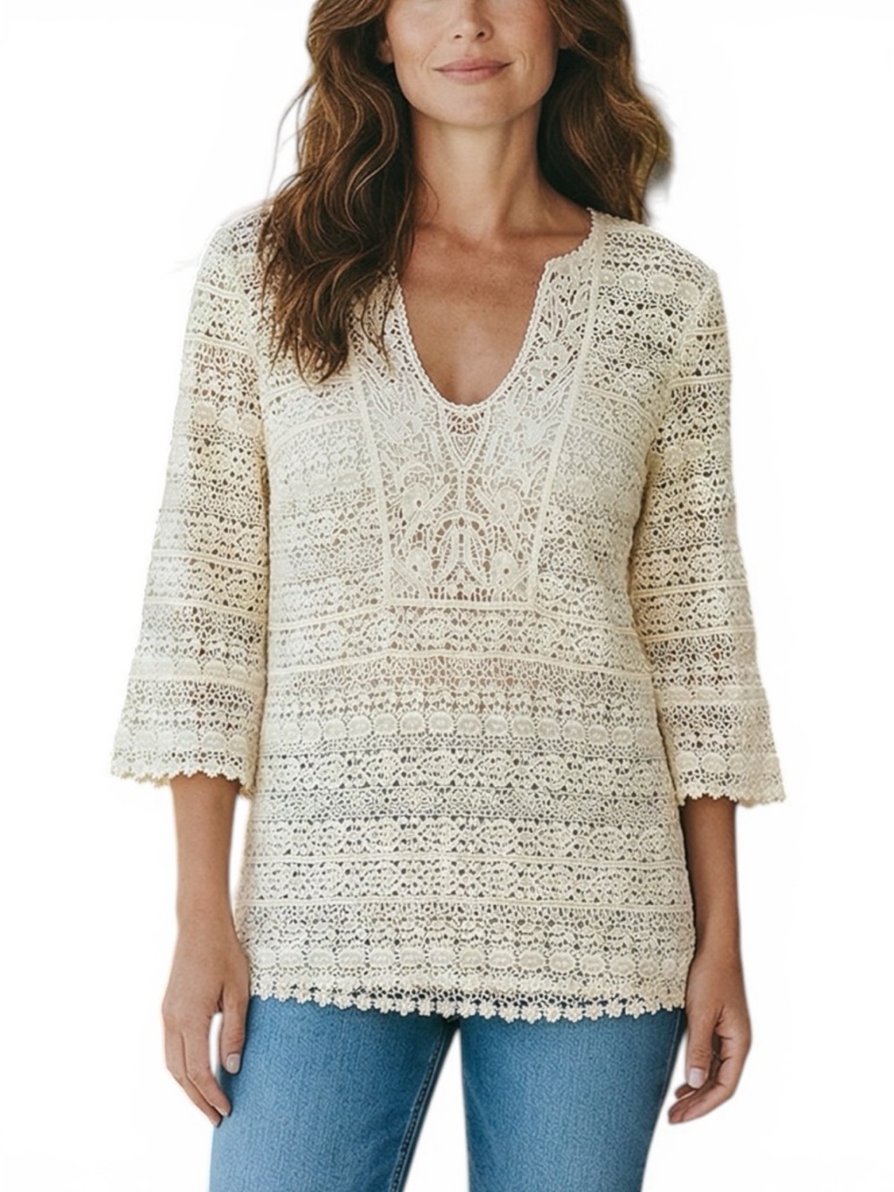 Talbots Top Women Lace Cream Size 4 3/4 Sleeve Boho Crochet